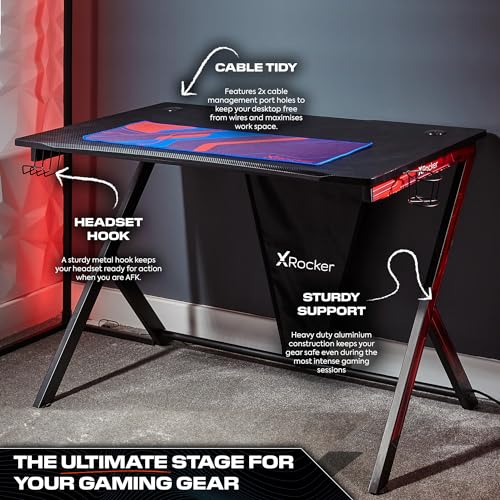 X Rocker Ocelot Aluminium Carbon Gaming Tisch mit Kabelmanagement, Headset-Ablage & Becherhalter 115 x 73,5 x 77 cm Bild 6