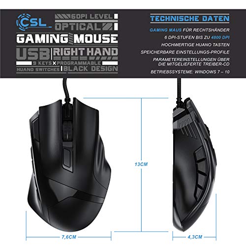 CSL - 4800 DPI Gaming Maus mit RGB Beleuchtung – optische Computermaus - 9 Tasten – 600-4800 DPI – 7 Farben – LED Farbwechsel – Huano Tasten – Makroprogrammierung – mit Software Treiber-CD – schwarz Bild 2