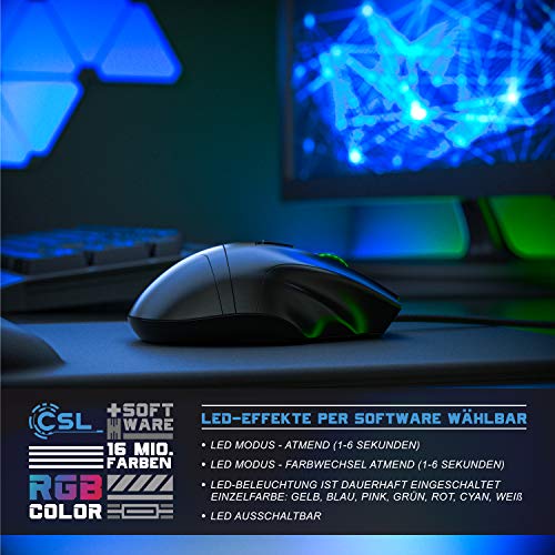 CSL - 4800 DPI Gaming Maus mit RGB Beleuchtung – optische Computermaus - 9 Tasten – 600-4800 DPI – 7 Farben – LED Farbwechsel – Huano Tasten – Makroprogrammierung – mit Software Treiber-CD – schwarz Bild 3