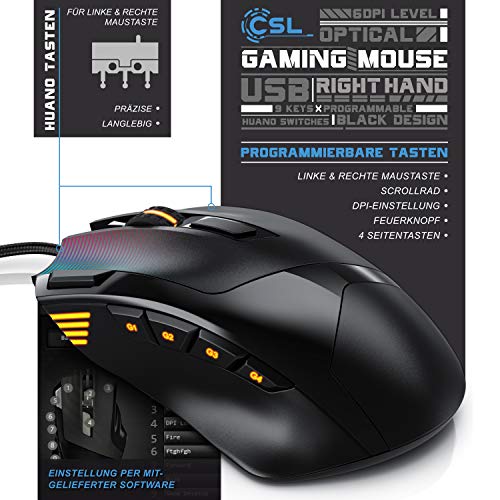 CSL - 4800 DPI Gaming Maus mit RGB Beleuchtung – optische Computermaus - 9 Tasten – 600-4800 DPI – 7 Farben – LED Farbwechsel – Huano Tasten – Makroprogrammierung – mit Software Treiber-CD – schwarz Bild 4