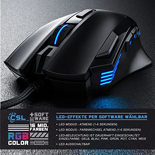 CSL - 4800 DPI Gaming Maus mit RGB Beleuchtung – optische Computermaus - 9 Tasten – 600-4800 DPI – 7 Farben – LED Farbwechsel – Huano Tasten – Makroprogrammierung – mit Software Treiber-CD – schwarz Bild 5