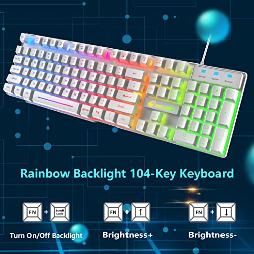 Gaming-Tastatur und Maus-Set, 104 Tasten Rainbow Backlit QWERTY UK Layout-Tastatur + 2400 DPI 4 Tasten Atemmaus + Mauspad-Kombination, USB-Kabel Kompatibel mit PS4 Xbox (Need Adapter) Weiß Bild 3