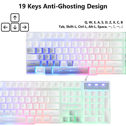 Gaming-Tastatur und Maus-Set, 104 Tasten Rainbow Backlit QWERTY UK Layout-Tastatur + 2400 DPI 4 Tasten Atemmaus + Mauspad-Kombination, USB-Kabel Kompatibel mit PS4 Xbox (Need Adapter) Weiß Bild 5