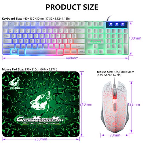 Gaming-Tastatur und Maus-Set, 104 Tasten Rainbow Backlit QWERTY UK Layout-Tastatur + 2400 DPI 4 Tasten Atemmaus + Mauspad-Kombination, USB-Kabel Kompatibel mit PS4 Xbox (Need Adapter) Weiß Bild 6