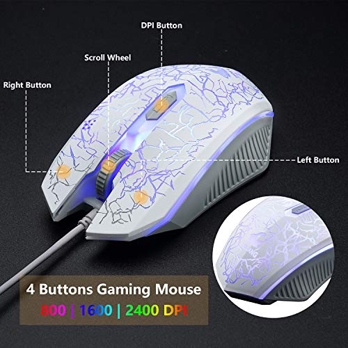 Gaming-Tastatur und Maus-Set, 104 Tasten Rainbow Backlit QWERTY UK Layout-Tastatur + 2400 DPI 4 Tasten Atemmaus + Mauspad-Kombination, USB-Kabel Kompatibel mit PS4 Xbox (Need Adapter) Weiß Bild 7