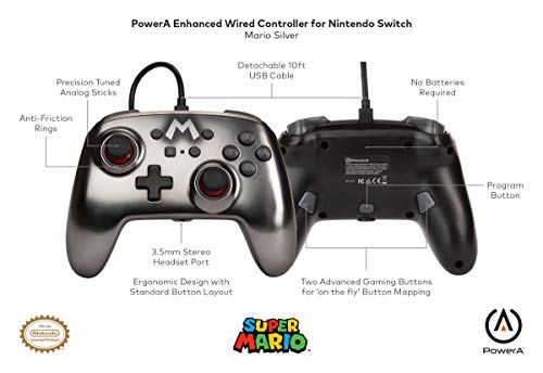 Verbesserter Kabelgebundener PowerA Controller für Nintendo Switch – Mario Silver, Gamepad, Game-Controller, Kabelgebundener Controller, Offiziell Lizenziert Bild 2