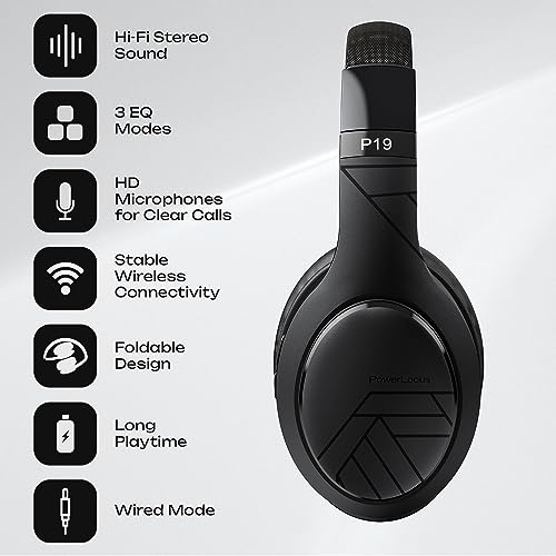 PowerLocus P19 Bluetooth Over Ear Kopfhörer, Kabellose Kopfhörer mit Mikrofon, 70std. Spielzeit, Hi-Fi Tiefe Bässe, Faltbar Headset für iPad/Handys/Laptops/PC (Schwarz/Grau) Bild 4