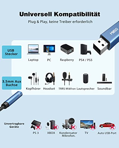 MillSO Klinke auf USB Adapter USB Soundkarte Extern auf 3.5 mm 4-polige TRRS Buchse (Audio und Mikrofon), Aux Audio Konverter Adapter für Kopfhörer, Lautsprecher, PC, Laptop, Desktop, PS4, PS5-28cm Bild 2