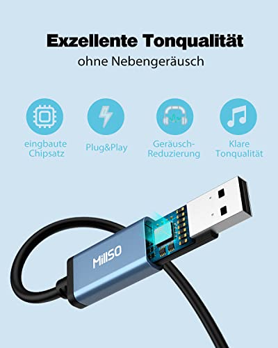 MillSO Klinke auf USB Adapter USB Soundkarte Extern auf 3.5 mm 4-polige TRRS Buchse (Audio und Mikrofon), Aux Audio Konverter Adapter für Kopfhörer, Lautsprecher, PC, Laptop, Desktop, PS4, PS5-28cm Bild 3