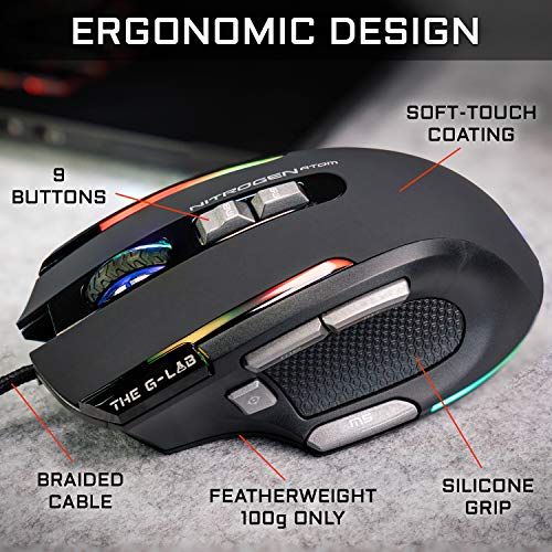 THE G-LAB Kult Nitrogen Atom Hochpräzise kabelgebundene Gaming-Maus - Optischer 4800 DPI Sensor, RGB, 9 Programmierbare Tasten, Ultraleicht, Perfekt für MOBA/FPS – Kompatibel mit PC/PS4/Xbox One Bild 4