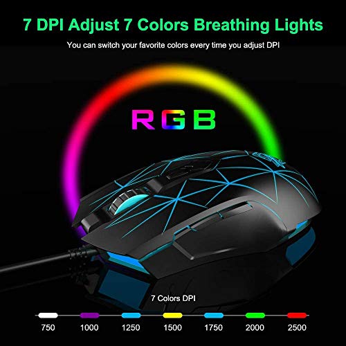 LexonElec Kabelgebundene RGB Gaming Maus, 7 Tasten mit 2500 DPI, ergonomische LED-beleuchtete USB-Gamer-Mäuse Computer Laptop-PC, für Windows Mac OS Linux - Star Schwarz Bild 2