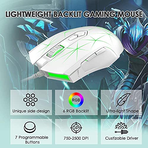 LexonElec Kabelgebundene RGB Gaming Maus, 7 Tasten mit 2500 DPI, ergonomische LED-beleuchtete USB-Gamer-Mäuse Computer Laptop-PC, für Windows Mac OS Linux - Star Weiß Bild 2