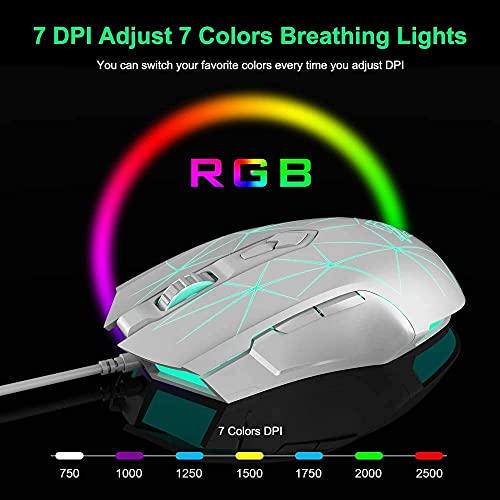 LexonElec Kabelgebundene RGB Gaming Maus, 7 Tasten mit 2500 DPI, ergonomische LED-beleuchtete USB-Gamer-Mäuse Computer Laptop-PC, für Windows Mac OS Linux - Star Weiß Bild 5