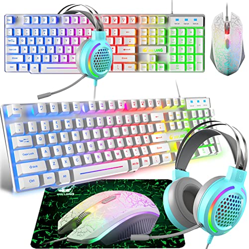 Gaming Tastatur Headset & Maus Set, 104 Tasten Rainbow Backlit UK Layout Tastatur 2400DPI Maus 7.1 Surround Sound RGB Leichte Waben Headset Mauspad Kombination für PS4 Xbox(Need Adapter) Weiß Bild 1