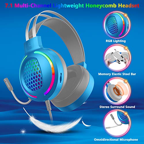 Gaming Tastatur Headset & Maus Set, 104 Tasten Rainbow Backlit UK Layout Tastatur 2400DPI Maus 7.1 Surround Sound RGB Leichte Waben Headset Mauspad Kombination für PS4 Xbox(Need Adapter) Weiß Bild 2