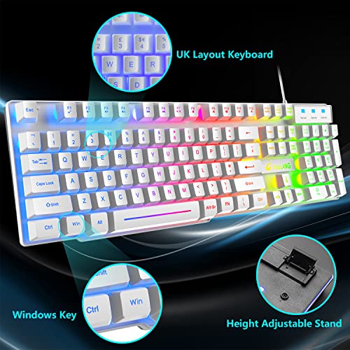 Gaming Tastatur Headset & Maus Set, 104 Tasten Rainbow Backlit UK Layout Tastatur 2400DPI Maus 7.1 Surround Sound RGB Leichte Waben Headset Mauspad Kombination für PS4 Xbox(Need Adapter) Weiß Bild 3