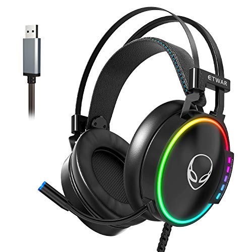 ETWAR USB-PC-Gaming-Headset mit Mikrofon, Kopfhörer für Videospiele, bequeme Ohrenschützer aus Memoryschaum, USB 7.1 Surround-Sound für PC/Laptop, PS5-Konsole, Laptop Bild 1
