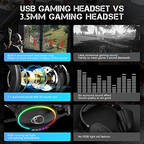 ETWAR USB-PC-Gaming-Headset mit Mikrofon, Kopfhörer für Videospiele, bequeme Ohrenschützer aus Memoryschaum, USB 7.1 Surround-Sound für PC/Laptop, PS5-Konsole, Laptop Bild 4