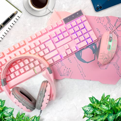 Pink Gaming Tastatur und Maus Headset Kopfhörer und Mauspad Kabelgebundene LED RGB Hintergrundbeleuchtung Bundle Pink PC Zubehör für Gamer und Xbox und PS4 PS5 Nintendo Switch Benutzer - 4in1 Edition Bild 2