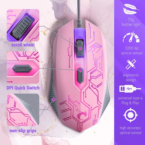Pink Gaming Tastatur und Maus Headset Kopfhörer und Mauspad Kabelgebundene LED RGB Hintergrundbeleuchtung Bundle Pink PC Zubehör für Gamer und Xbox und PS4 PS5 Nintendo Switch Benutzer - 4in1 Edition Bild 5