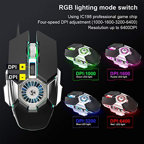 VBESTLIFE Computermaus, RGB-Gaming 6-Tasten Wired Gamer-Mäuse mit Metall-3D-Antirutschwalzen für Laptop-Desktop-PC mit Lüfter für Verschiedene große Online-Spiele(Grau) Bild 5