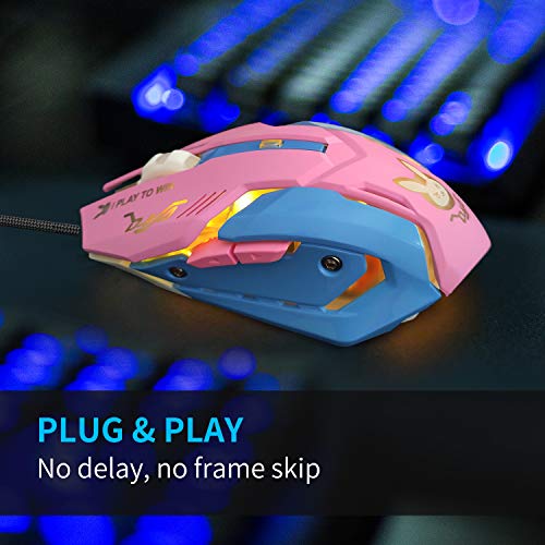 Gaming-Maus, optische Gaming-Maus mit Hintergrundbeleuchtung, 7 Farben, USB, ergonomisch, kabelgebunden, mit 2400 DPI und 6 Tasten, 4 Aufnahmen, für Computer/Win/Mac/Linux/Android/iOS. (Pink & Blue) Bild 3