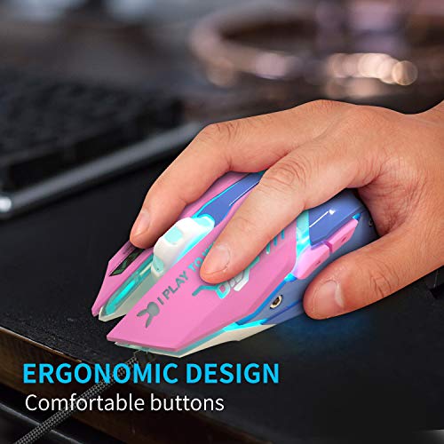 Gaming-Maus, optische Gaming-Maus mit Hintergrundbeleuchtung, 7 Farben, USB, ergonomisch, kabelgebunden, mit 2400 DPI und 6 Tasten, 4 Aufnahmen, für Computer/Win/Mac/Linux/Android/iOS. (Pink & Blue) Bild 5