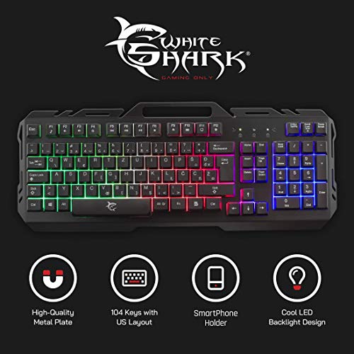 White Shark GK-1923 Gladiator-2 kabelgebundene Gaming-Tastatur mit UK-Layout, LED RGB Hintergrundbeleuchtung, Metallrahmen Tastatur mit Telefonhalterung, stoßfest, PC PS4 Xbox Bild 2