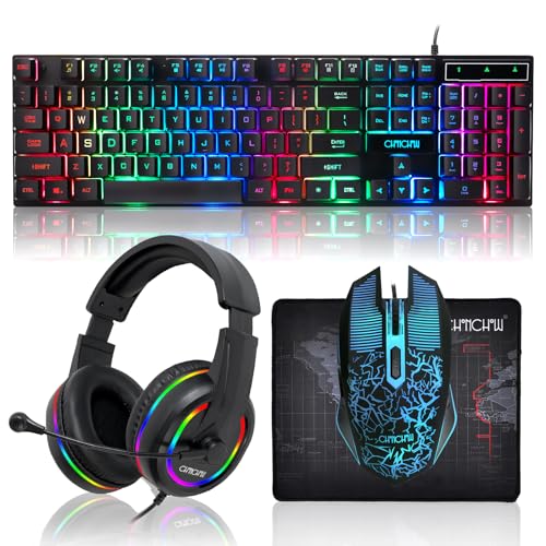 CHONCHOW Gaming-Tastatur, Maus, Headset und Mauspad, kabelgebunden, Regenbogenfarben, LED-beleuchtet, Gaming-Tastatur, Maus, Headset, 4-in-1-Spielset für Xbox, PS4, PS5, PC, Laptop, Gamer Bild 1