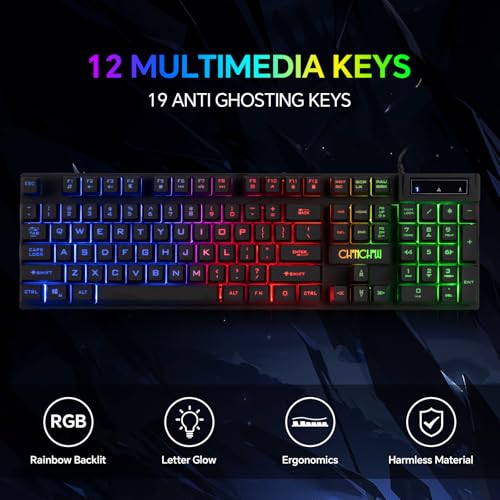CHONCHOW Gaming-Tastatur, Maus, Headset und Mauspad, kabelgebunden, Regenbogenfarben, LED-beleuchtet, Gaming-Tastatur, Maus, Headset, 4-in-1-Spielset für Xbox, PS4, PS5, PC, Laptop, Gamer Bild 2