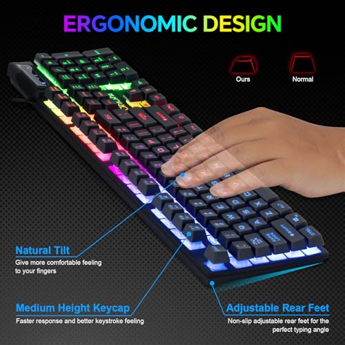 CHONCHOW Gaming-Tastatur, Maus, Headset und Mauspad, kabelgebunden, Regenbogenfarben, LED-beleuchtet, Gaming-Tastatur, Maus, Headset, 4-in-1-Spielset für Xbox, PS4, PS5, PC, Laptop, Gamer Bild 3