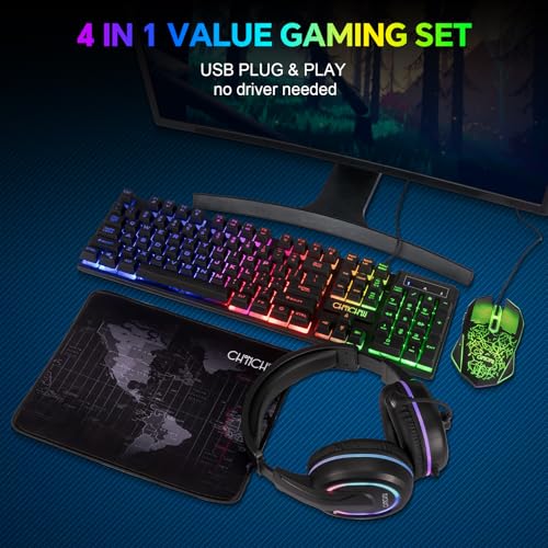CHONCHOW Gaming-Tastatur, Maus, Headset und Mauspad, kabelgebunden, Regenbogenfarben, LED-beleuchtet, Gaming-Tastatur, Maus, Headset, 4-in-1-Spielset für Xbox, PS4, PS5, PC, Laptop, Gamer Bild 7