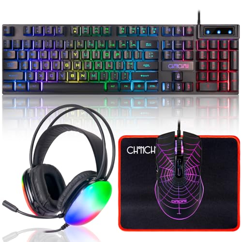 Gaming-Tastatur, Maus, Mauspad und Headset mit Mikrofon, All-in-One, USB, verkabelt, RGB-Hintergrundbeleuchtung, Regenbogen-Seitentaste, Gamer-Set, kompatibel mit PC, Windows, Xbox One, PS4, PS5 Bild 1