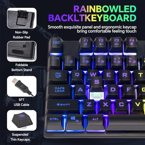 Gaming-Tastatur, Maus, Mauspad und Headset mit Mikrofon, All-in-One, USB, verkabelt, RGB-Hintergrundbeleuchtung, Regenbogen-Seitentaste, Gamer-Set, kompatibel mit PC, Windows, Xbox One, PS4, PS5 Bild 2