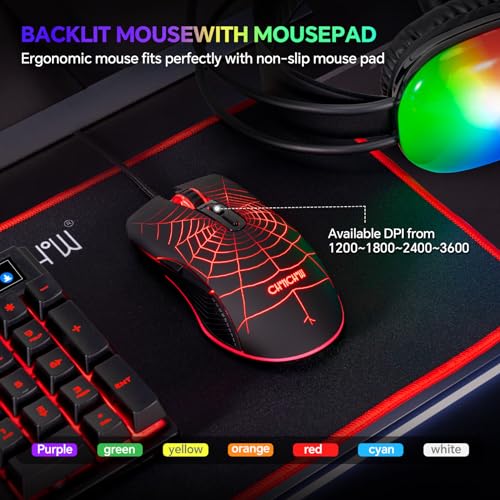 Gaming-Tastatur, Maus, Mauspad und Headset mit Mikrofon, All-in-One, USB, verkabelt, RGB-Hintergrundbeleuchtung, Regenbogen-Seitentaste, Gamer-Set, kompatibel mit PC, Windows, Xbox One, PS4, PS5 Bild 5