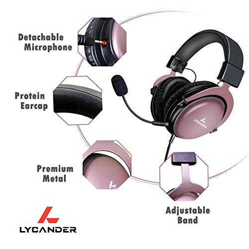 LYCANDER USB-Headset mit abnehmbarem Mikrofon, hybrider 3,5-mm-Audiobuchse und USB-Eingang, robuster Metallaufbau - Geeignet für Konferenzen, Musik, Filme und Spiele (Premium - Schwarz/Rosa) Bild 2