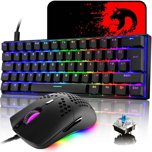 MK21 Gaming Tastatur und Maus Set, RGB 60% Mechanische Tastatur, 62 Tasten Wired Beleuchtung Gaming-Tastatur QWERTY + 6400 DPI Ultraleicht Gaming Maus + Mauspad für PS4, Xbox, PC - Schwarz/Blue Switch Bild 1