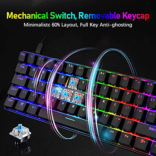 MK21 Gaming Tastatur und Maus Set, RGB 60% Mechanische Tastatur, 62 Tasten Wired Beleuchtung Gaming-Tastatur QWERTY + 6400 DPI Ultraleicht Gaming Maus + Mauspad für PS4, Xbox, PC - Schwarz/Blue Switch Bild 2