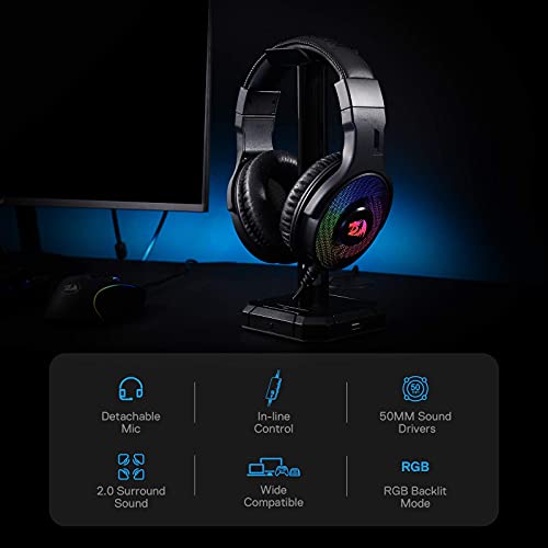 Redragon H350 RGB kabelgebundenes Gaming-Kopfhörer, dynamische RGB-Hintergrundbeleuchtung - Stereo-Surround-Sound - 50-mm-Treiber - abnehmbares Mikrofon, Over-Ear-Kopfhörer (Schwarz) Bild 2