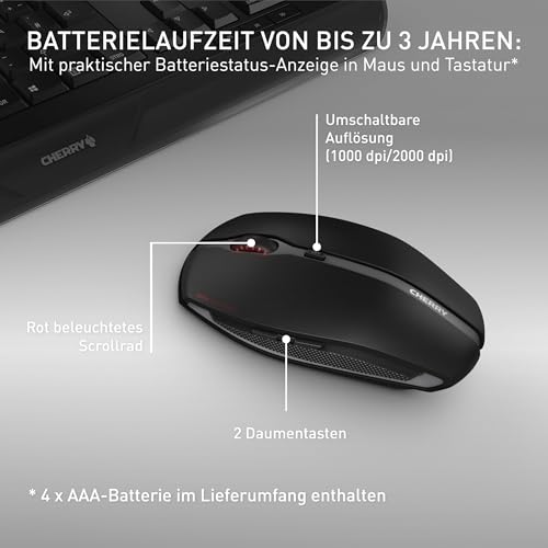 CHERRY GENTIX Desktop, Kabelloses Tastatur-Maus-Set, Deutsches Layout (QWERTZ), 2,4 GHz Funk, Integrierte Handballenauflage, Symmetrische Maus, Schwarz Bild 5