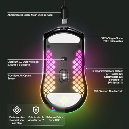 SteelSeries Aerox 3 Wireless - RGB Gaming Maus mit Öffnungen in der Oberfläche - Federleichtes, wasserabweisendes Design - Optischer TrueMove Air-Sensor mit 18.000 DPI - Onyx Bild 4