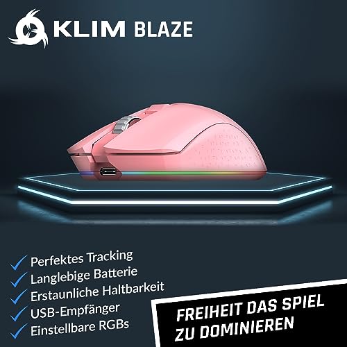KLIM Blaze - Wiederaufladbare kabellose RGB Gaming Maus - NEU - Hochpräziser Sensor mit Langer Akkudauer - Einstellbar auf bis zu 10000 DPI - Kabel- und Funk Maus Modus (Rosa) Bild 2