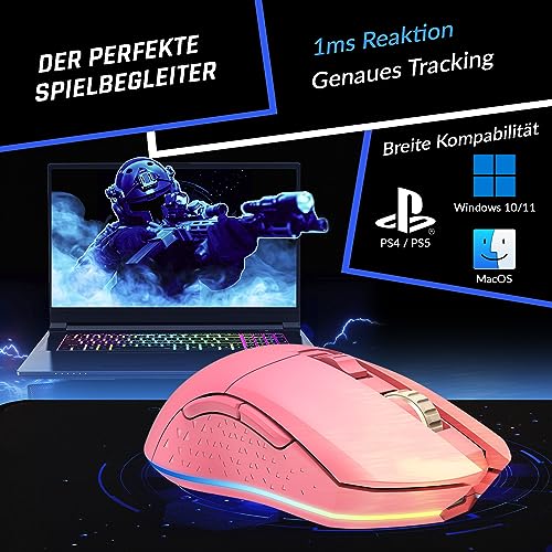 KLIM Blaze - Wiederaufladbare kabellose RGB Gaming Maus - NEU - Hochpräziser Sensor mit Langer Akkudauer - Einstellbar auf bis zu 10000 DPI - Kabel- und Funk Maus Modus (Rosa) Bild 3