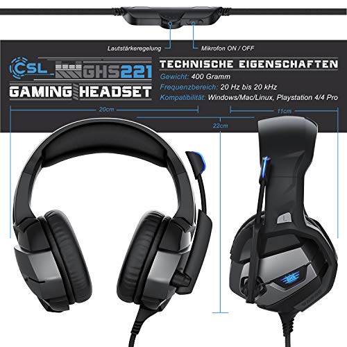 CSL - PS4 PS5 Headset - Gaming Headset Klinke mit Mikrofon - Klinkenanschluss - LED Beleuchtung - Gaming Kopfhörer für PC PS4 PS4 Pro PS5 Xbox One Xbox One S Bild 2