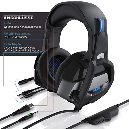 CSL - PS4 PS5 Headset - Gaming Headset Klinke mit Mikrofon - Klinkenanschluss - LED Beleuchtung - Gaming Kopfhörer für PC PS4 PS4 Pro PS5 Xbox One Xbox One S Bild 3