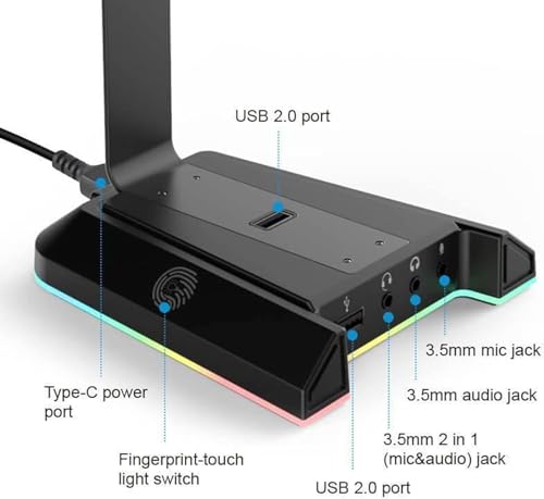 EKSA W1 Gaming Headset Ständer, Aluminium RGB Kopfhörer Halterung mit 7,1 Surround Sound, 2 USB Anschlüssen und 3 Buchsen von 3.5mm, PC Zubehör Gaming Headset Halter Bild 5