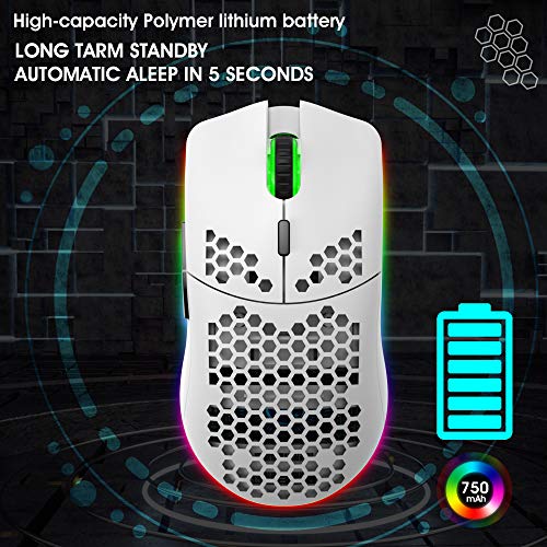 Drahtlose Gaming Maus, 2,4G Superleichte Wabenschale Ergonomische RGB-Mäuse mit 750mAh Akku, Energiesparendes Design, 6 Tasten und Mini-USB-Empfänger für Windows, Mac OS, Laptop, Smart-TV(Weiß) Bild 2