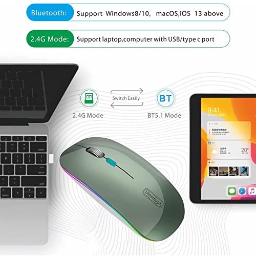 Uiosmuph Bluetooth Maus Kabellose, LED Funkmaus wiederaufladbar Leise Wireless Mouse 2.4GHz Kabellos Optische Maus mit USB Nano Empfänger für PC/Tablet/Laptop Computer (Dunkel Grün) Bild 2