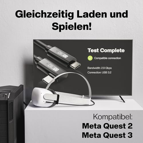 CABLETEX 5m Link Kabel für Meta Quest 3, Oculus Quest 2, PICO 4, PSVR2, Steam VR – USB 3.2 USB C Kabel für VR Headset und Gaming PC, 5 Gbit/s Datenübertragung Bild 4