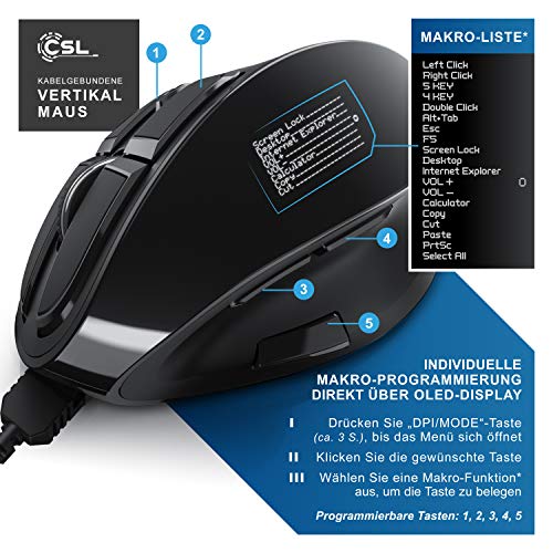 CSL - Gaming vertikale Maus mit OLED Display 2400 DPI - programmierbare Tasten - Office Mouse – mit Kabel - kabelgebunden - gegen Mausarm - mit Kailh Switche - Vertikalmaus ergonomisches Design Bild 3